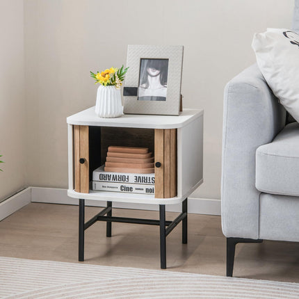 Dreamade Mid-Century Modern Nightstand, Wood Bedside Table with Sliding Doors and 4 Metal Legs