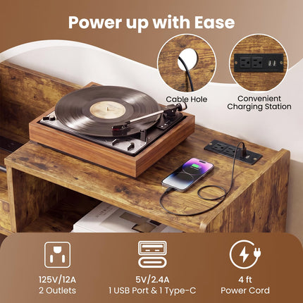 Dreamade Large Record Player Stand with LED Light& Sliding Door