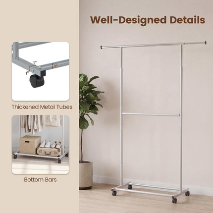 Dreamade Extendable Double-Rod Rolling Clothing Rack for Hanging Clothes