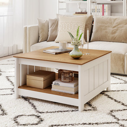 Dreamade 2-Tier Square Center Table for Living Room with Fence Design