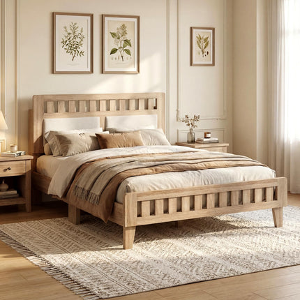 Dreamade Mid-Century Wood Bed Frame with Upholstered Headboard (Full/Twin/Queen)