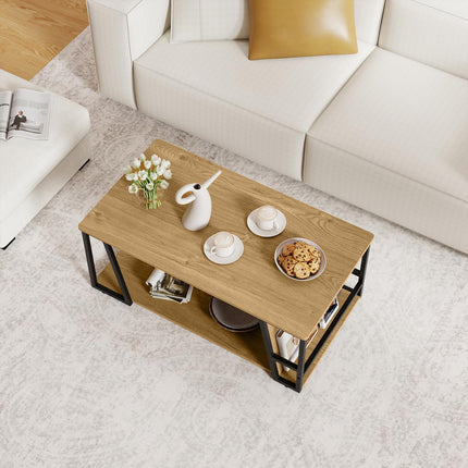 Dreamade Rectangle Coffee Table 2-tier Industrial Accent Table with Storage Shelf and Compartment