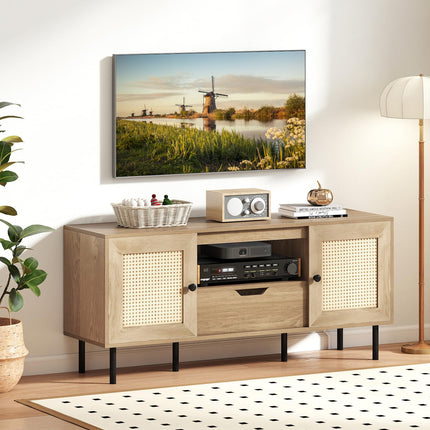 Dreamade Boho TV Stand for 50-60 Inch TV with Storage Cabinets Drawer & PE Rattan Doors