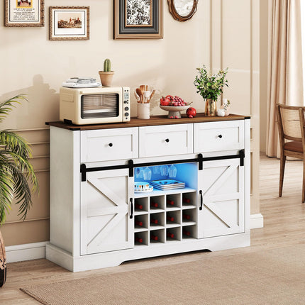 Dreamade Wine Bar Cabinet with LED Lights 52" Buffet Sideboard w/Sliding Barn Door 3 Drawer