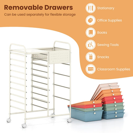 Dreamade 14 Drawer Storage Cart | Rolling Craft Cart with Metal Tabletop & Pegboard