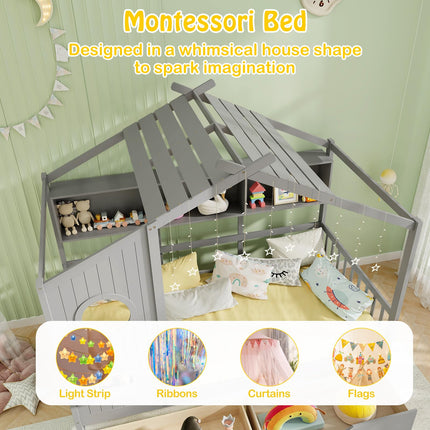 Dreamade Twin House Bed with 2 Storage Drawers, Kids Bed Frame with Storage Cubes, Montessori Bed with Fence Guardrails & Roof