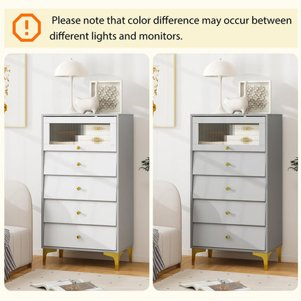 Dreamade 4-Drawer Dresser with Flip Up Fluted Glass Door