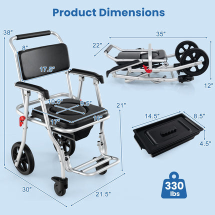 Dreamade Bedside Commode Wheelchair for Toilet - Foldable Shower Chair with Arms, Lockable Casters