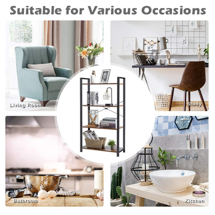 Dreamade 4-Tier Industrial Bookshelf, Vintage Bookcase with Metal Frame, Standing Shelf Unit