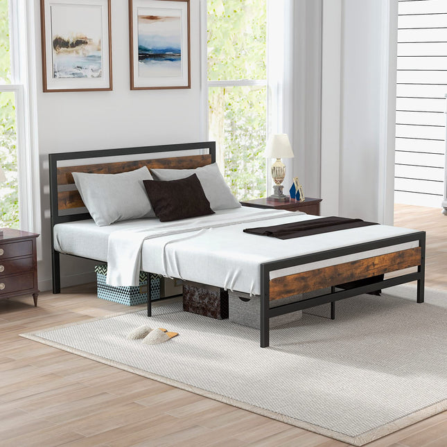 Dreamade Queen Metal Platform Bed Frame with Wooden Headboard & Footboard, Rustic Brown
