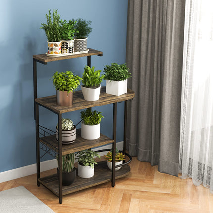 Dreamade Kitchen Bakers Rack, 4-Tier Microwave Stand with 6 Hooks & Stemware Racks (Rustic Brown)