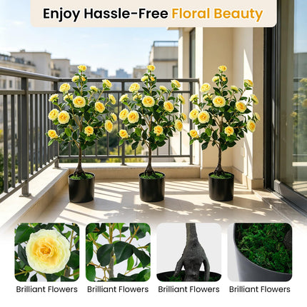 Dreamade 35.5" Artificial Camellia Tree Faux Floral Plant Blooming Tree in Cement Pot