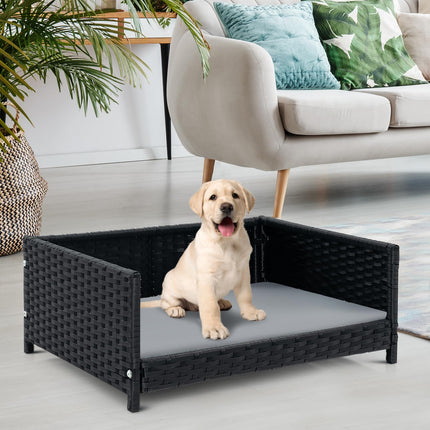 Dreamade Wicker Dog Bed, Raised Woven Rattan Pet Bed Sofa Couch w/Waterproof & Washable Cushion