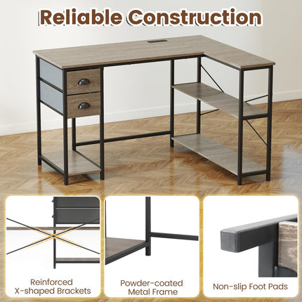 Dreamade 48" L Shaped Desk with Charging Station & 2 Fabric Drawers