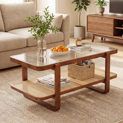 Dreamade Rattan Coffee Table | 41.5" Farmhouse Center Table with Storage & Frosted Tempered Glass