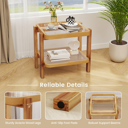 Dreamade Rattan Side Table, Boho End Table for Living Room, Narrow Bedside Table with Tempered Glass Top