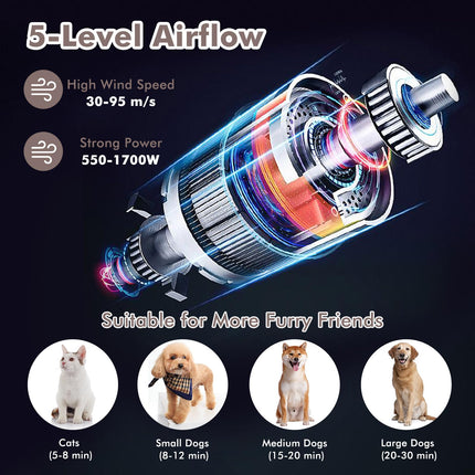 Dreamade Dog Dryer, Dog Hair Dryer with Adjustable Air Speed and Temperature Control, 4 Nozzles, Negative Ion Function