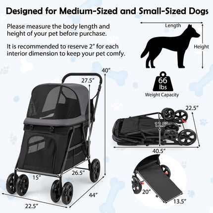 Dreamade Dog Stroller with Low Entry & Ramp Access, Cat Stroller with Lockable & Shock-Absorbing All-Terrain Wheels