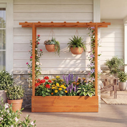 Dreamade Wooden Raised Garden Bed with Trellis & Hanging Roof