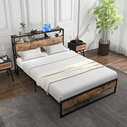 Dreamade Full Bed Frame with Storage Headboard and Charging Station, with Outlets and USB Ports