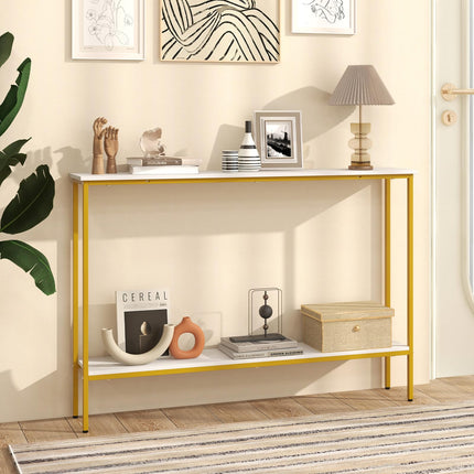 Dreamade Gold Console Table with Shelf, 44" Narrow Entryway Table w/Dual Anti-Tipping Kits & Golden Metal Frame