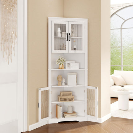 Dreamade 67" Tall Corner Cabinet Space-Saving Triangular Storage Cabinet w/ 4 Tempered Glass Doors