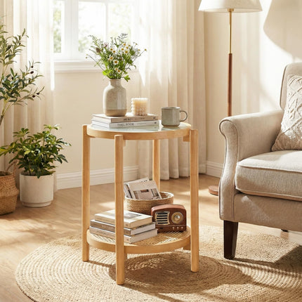 Dreamade 2-Tier Boho Rattan Round Side Table w/Tempered Glass Top (1/2)