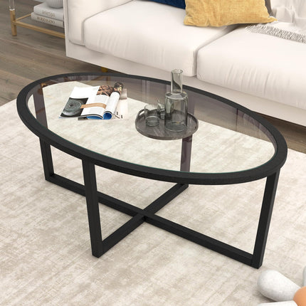 Dreamade Glass Coffee Table, 46.5" Oval Accent Sofa Tea Table with Tempered Glass Top, Cross Base & Acacia Wood Legs