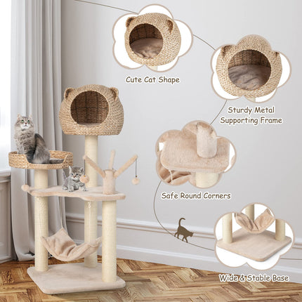 Dreamade Wooden Cat Tree, 48 inches Cat Tower with Cattail Condo, Cat Bed, Hammock, Rotatable Jingling Balls