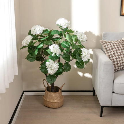 Dreamade Artificial Hydrangea Tree, 2 Pack Fake Floral Plant w/11 White Flowers & Realistic Trunk in Plastic Nursery Pot