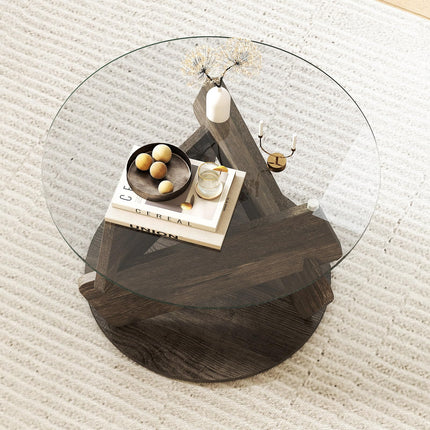 Dreamade 32inch Glass Round Coffee Table with Clear Tempered Glass Top Solid Wood Legs