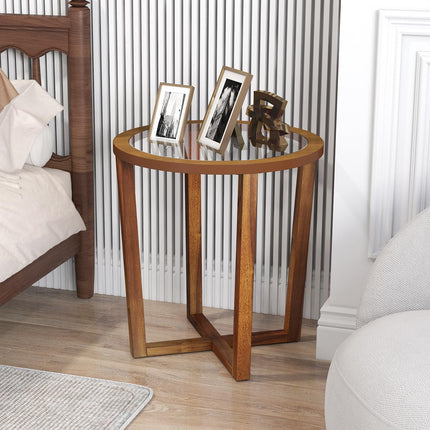 Dreamade Glass Round End Table, Sofa Side Table with Transparent Tempered Glass Top
