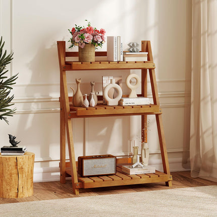 Dreamade Foldable Ladder Plant Shelf 3-Tier Solid Wood Indoor Outdoor Flower Pot Display Rack