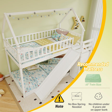 Dreamade House Bunk Bed Twin Over Twin with Slide and Stairs