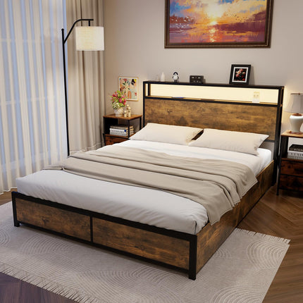Dreamade Queen/Full Bed Frame with LED Lights Headboard and 4 Storage Drawers