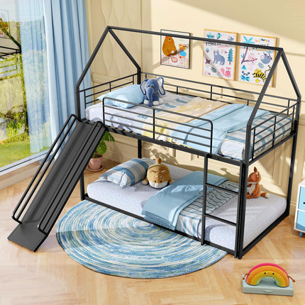 Dreamade Twin Over Twin Bunk Bed with Slide & Ladder House-Shaped Metal Bunk Bed Frame with Safety Guardrail & Roof