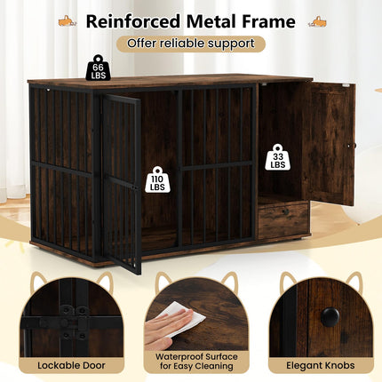 Dreamade 47.5" Dog Crate Furniture with Hidden Feeding Drawer & Side Storage Cabinet