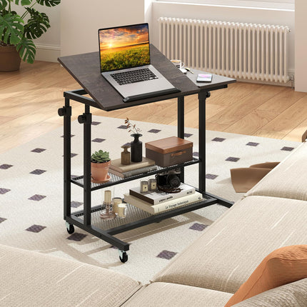 Dreamade Adjustable Rolling Computer Desk with Tilting Desktop and Storage Shelves