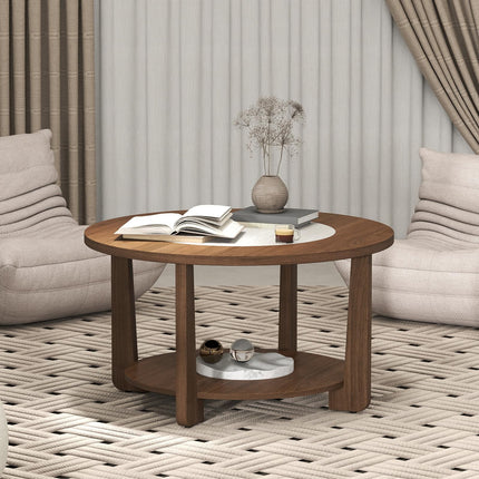 Dreamade 2-Tier Round Farmhouse Living Room Coffee Table with 2-Tone Tabletop