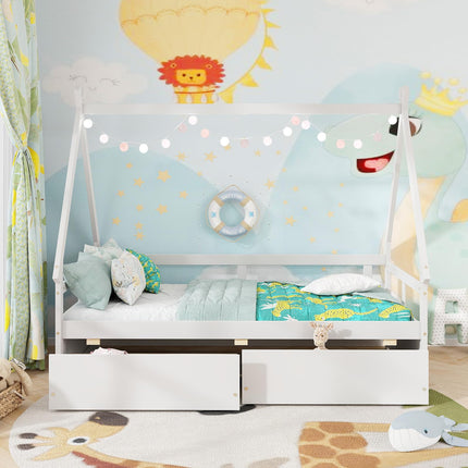 Dreamade Twin Bed with 2 Storage Drawers, Wood Montessori House Tent Bed Frame with Safety Guardrail