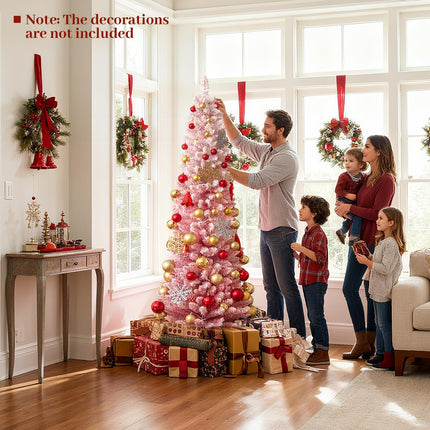 Dreamade 6ft / 7ft Pink Slim Pencil Christmas Tree | Pre-lit Snow Flocked Artificial Skinny Xmas Tree