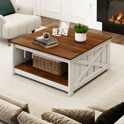 Dreamade Farmhouse Coffee Table 31 Inch Square Wood Coffee Table with Storage Shelf