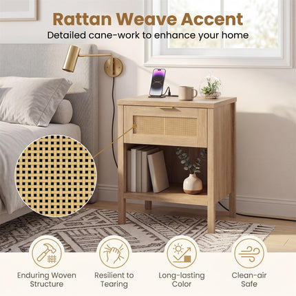 Dreamade Rattan Night Stand with Drawer and Open Shelf (1/2)