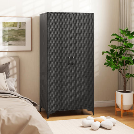 Dreamade Wicker Storage Cabinet, 62” Tall Pantry Cabinet with 2 Doors, Hanging Rod, 4 Storage Cubes