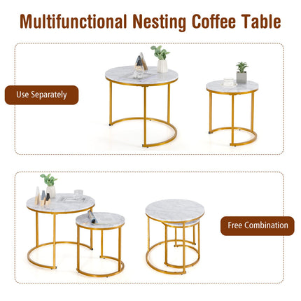 Dreamade Nesting Coffee Table Set of 2, Round Stacking Side Tables with Wooden Tabletop & Powder Coated Steel Frame