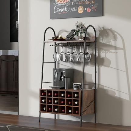 Dreamade 18-Bottle Wine Rack Freestanding Floor, Kitchen Baker’s Rack w/ 15 Glasses Holder, Rustic Brown