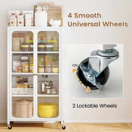 Dreamade Bookcase with Doors 58" Tall 4-Tier Bookshelf with Wheels
