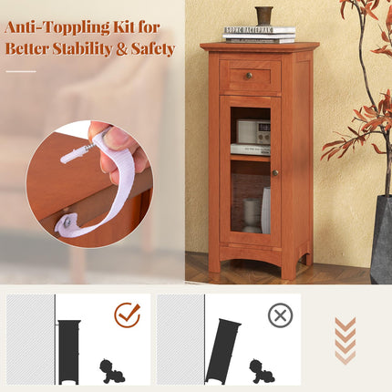 Dreamade Small Bathroom Storage Cabinet, Freestanding Narrow Bathroom Cabinet with Single Glass Door, Drawer
