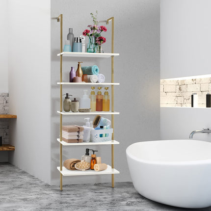 Dreamade 5 Tier Modern Wall Mounted Bookshelf, 71'' White and Gold Wood Bookcase with Steel Frame