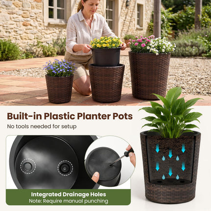 Dreamade Set of 3 Plastic Planters | 14 & 11 & 9 Inch Taper Rattan Planters with Drainage Holes and Saucers